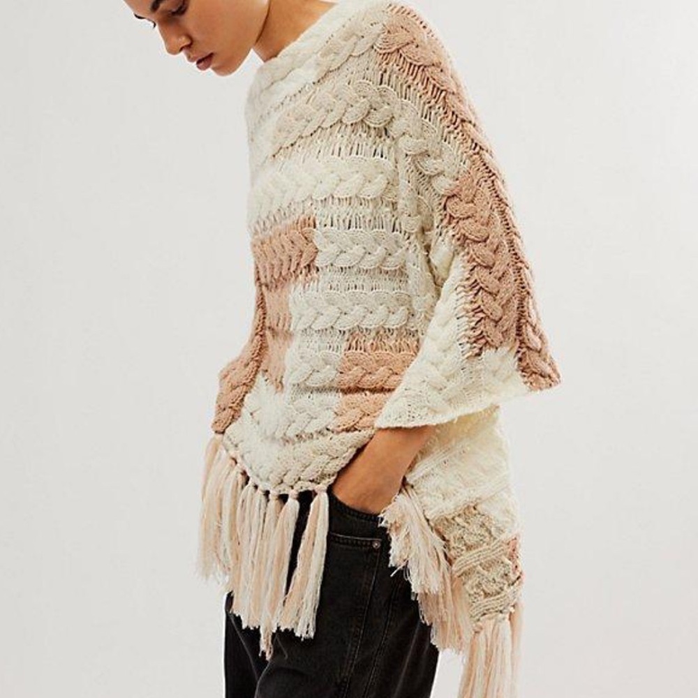 FREE PEOPLE Revelry Cable Knit Fringe Poncho Sweater